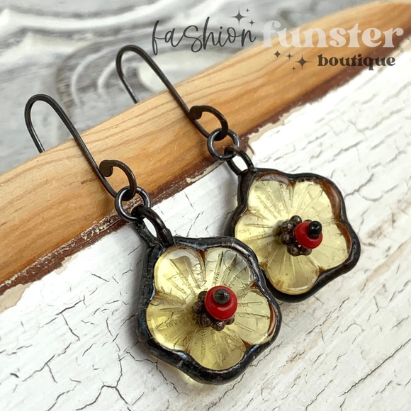 Handmade Soldered Antique Yellow Buttercup Flower Art Charm Dangle Drop Earrings - Picture 2 of 14